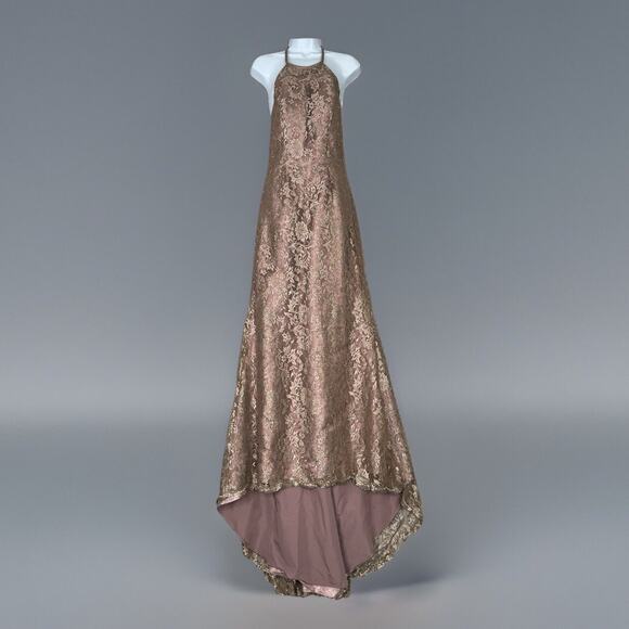 Sherri Hill Womens Dress 4 Pink Lace Backless Scrunch Halter Gown Prom Formal - Picture 1 of 12